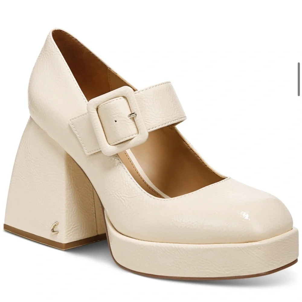 Mary Jane Khiara Shiny Textured Cream Platform Patent Leather Block Heels